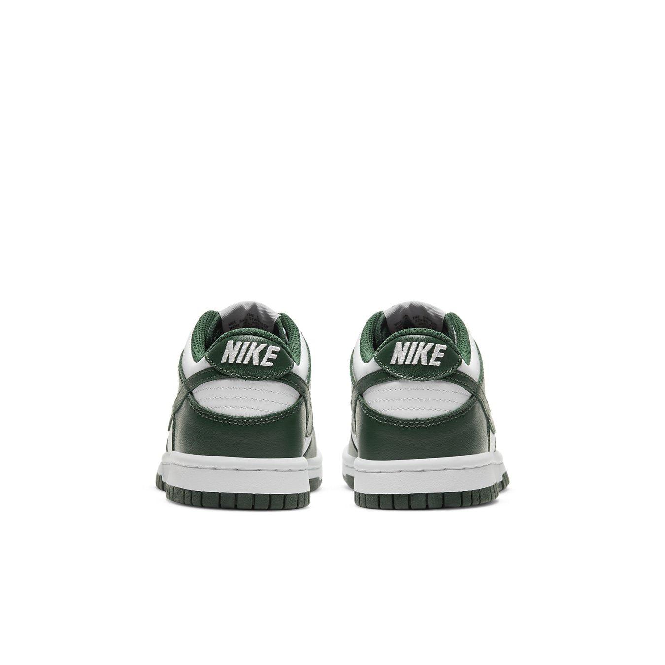 Nike Dunk Low Michigan State (GS) rear view showcasing Team Green accents and padded collar.