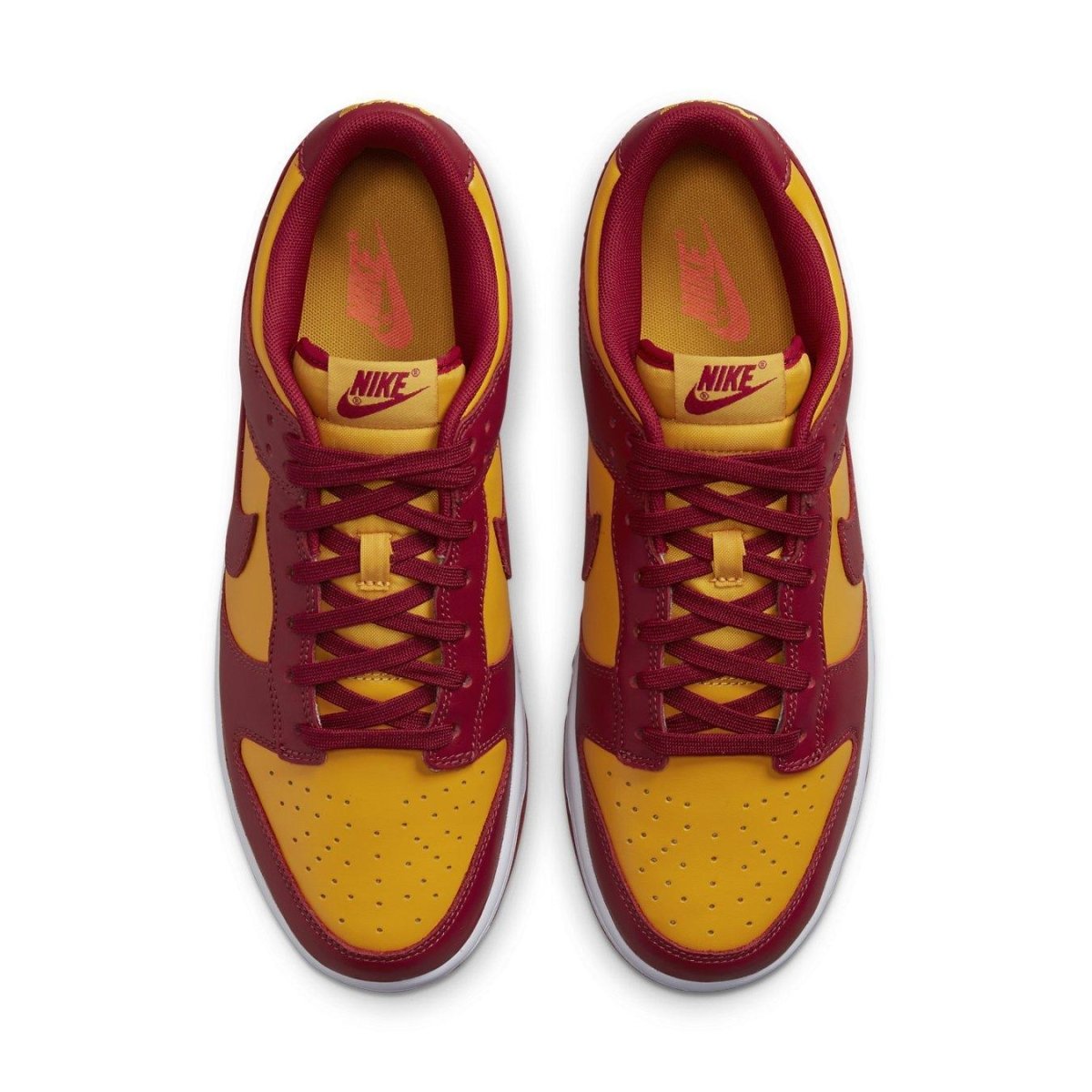 Nike Dunk Low Midas Gold sneakers in yellow and red colorway, featuring leather upper and bold design.