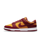 Nike Dunk Low Midas Gold sneaker in yellow, red, and white leather, showcasing stylish color blocking.