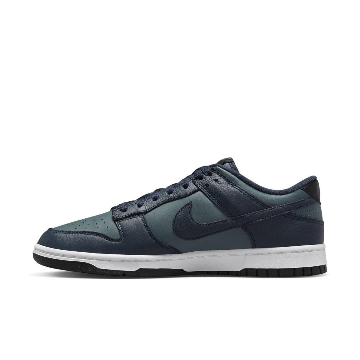 Nike Dunk Low Mineral Slate Armory Navy side view featuring smooth leather and dark blue accents.