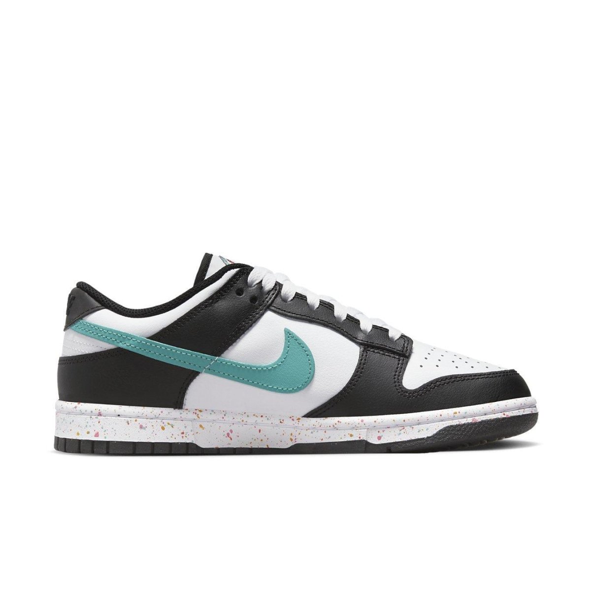 Nike Dunk Low Multiple Swooshes in White and Washed Teal with speckled sole, perfect for stylish casual wear.