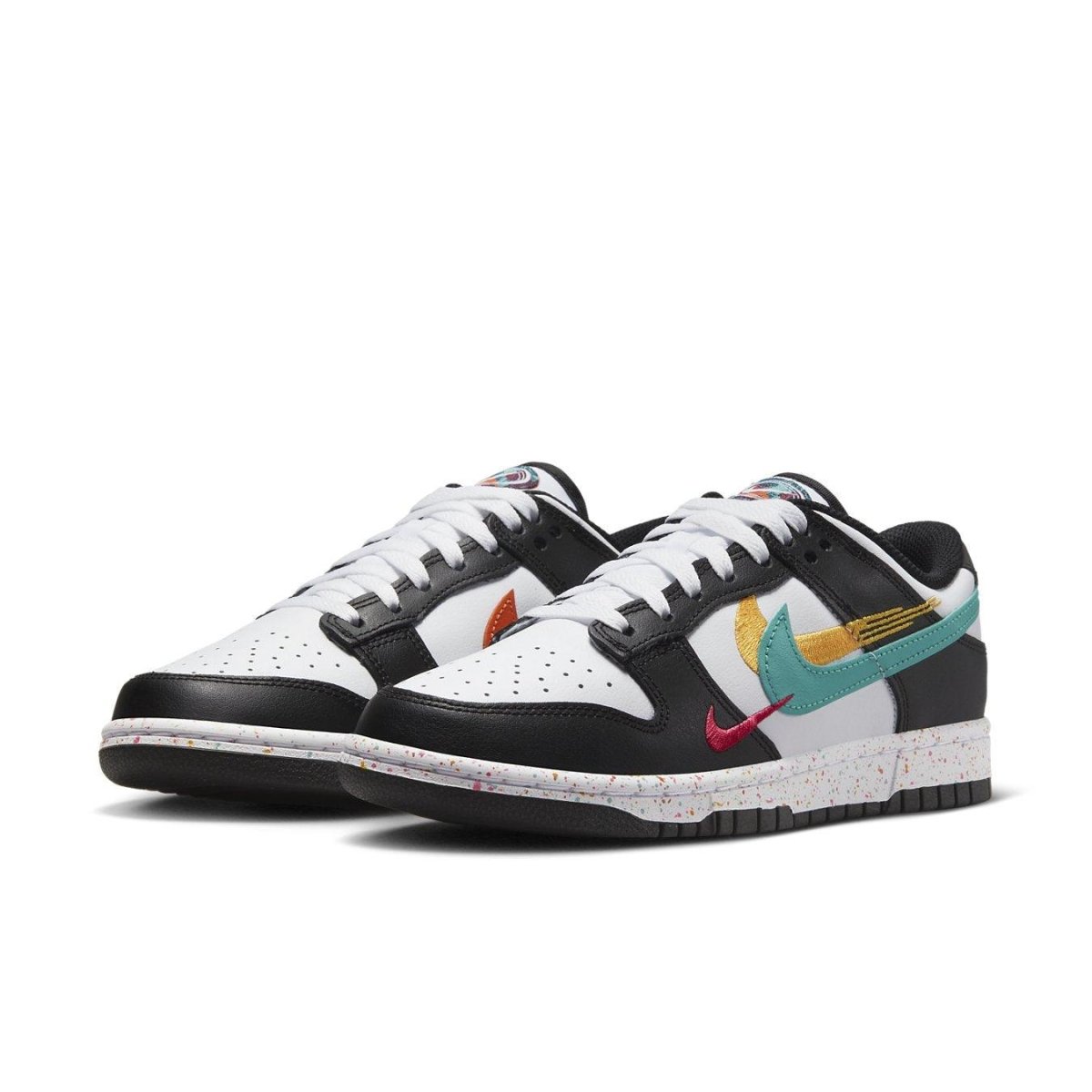 Nike Dunk Low Multiple Swooshes in Black, White, and Washed Teal with colorful Swoosh details and speckled insole.
