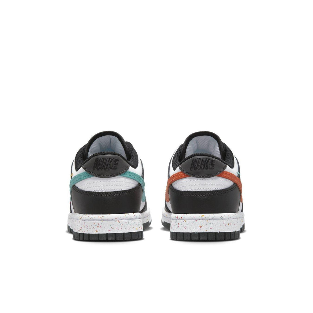 Nike Dunk Low Multiple Swooshes White Washed Teal (W) rear view, showcasing colorful accents and speckled sole.