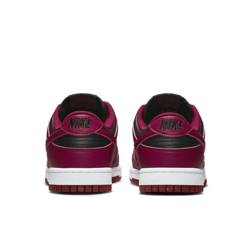 Nike Dunk Low Next Nature Dark Beetroot women's sneakers, featuring black and beetroot leather, with a white sole.
