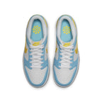 Nike Dunk Low Next Nature Homer Simpson shoes in white, sky blue, and yellow from top view.