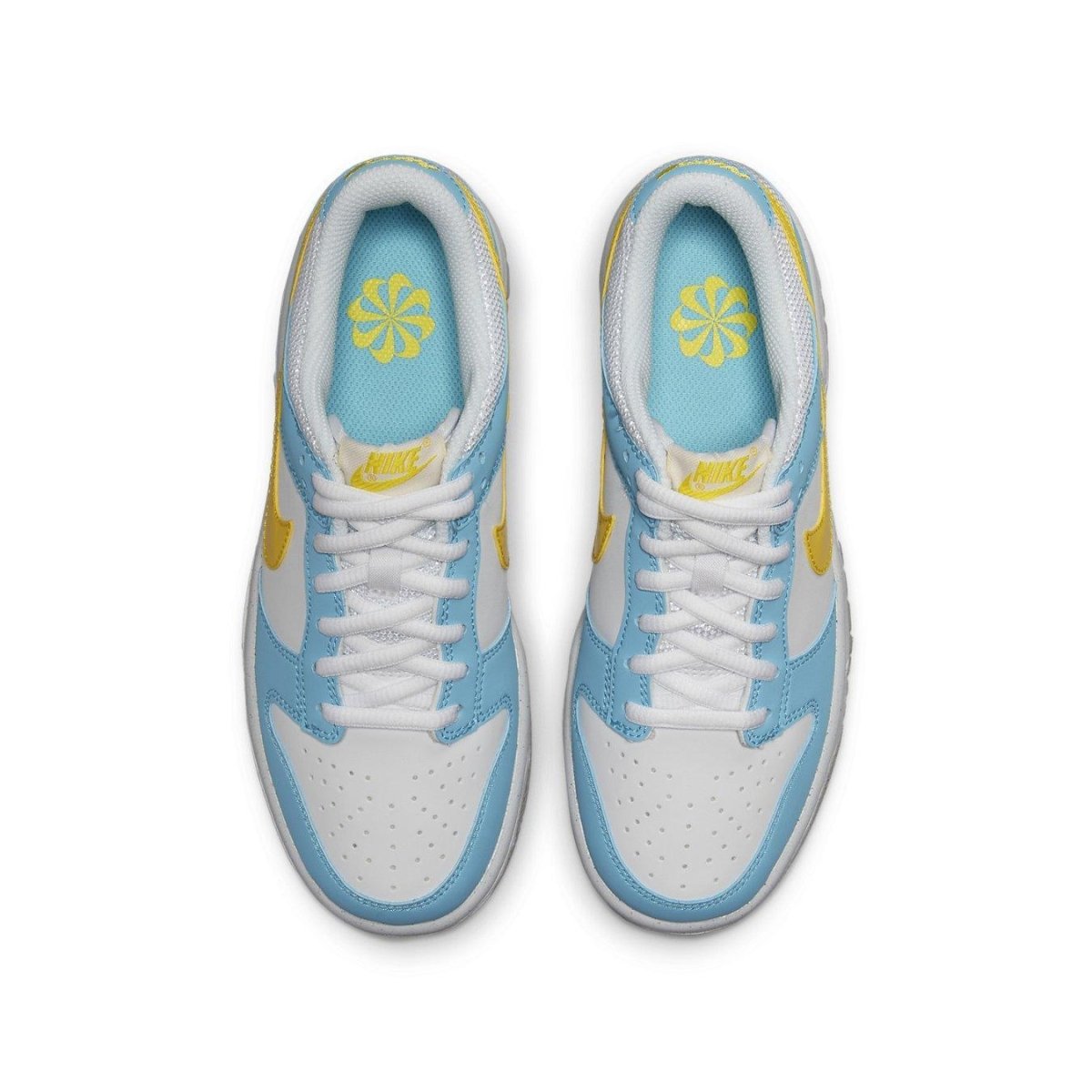 Nike Dunk Low Next Nature Homer Simpson shoes in white, sky blue, and yellow from top view.