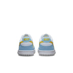 Nike Dunk Low Next Nature Homer Simpson sneakers featuring white, sky blue, and yellow design from the back perspective.