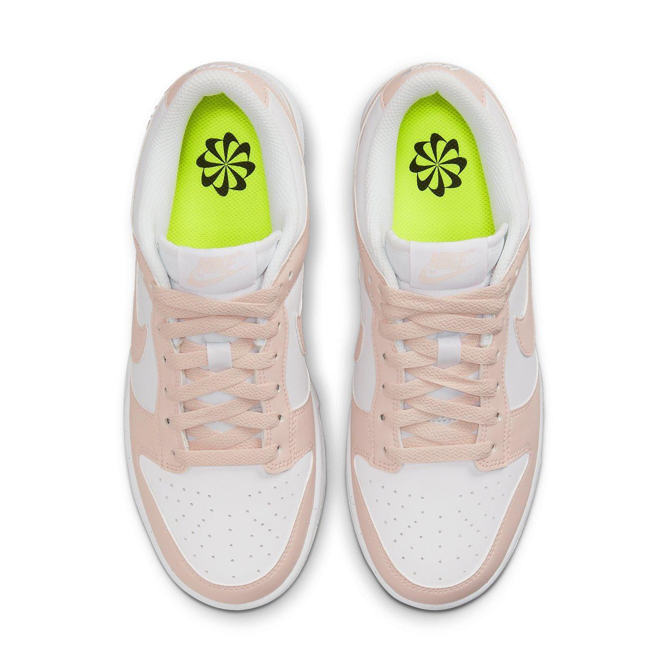 Nike Dunk Low Next Nature Pale Coral women's sneakers with pink overlays and Volt insole.