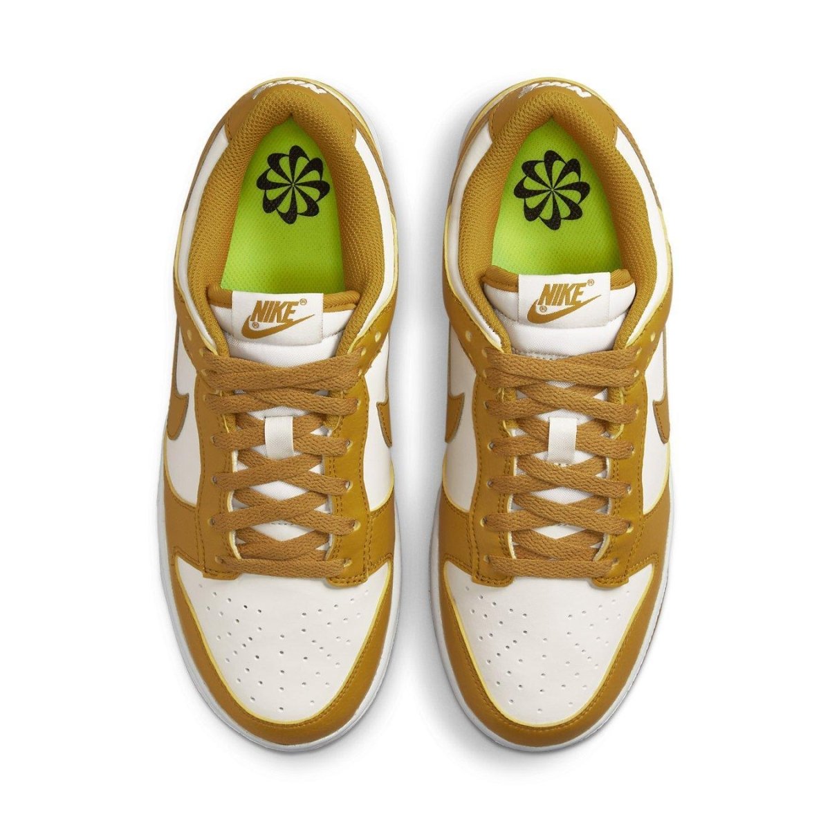 Nike Dunk Low Next Nature Phantom women's sneakers with white and amber color blocking and Volt logo on the insole.