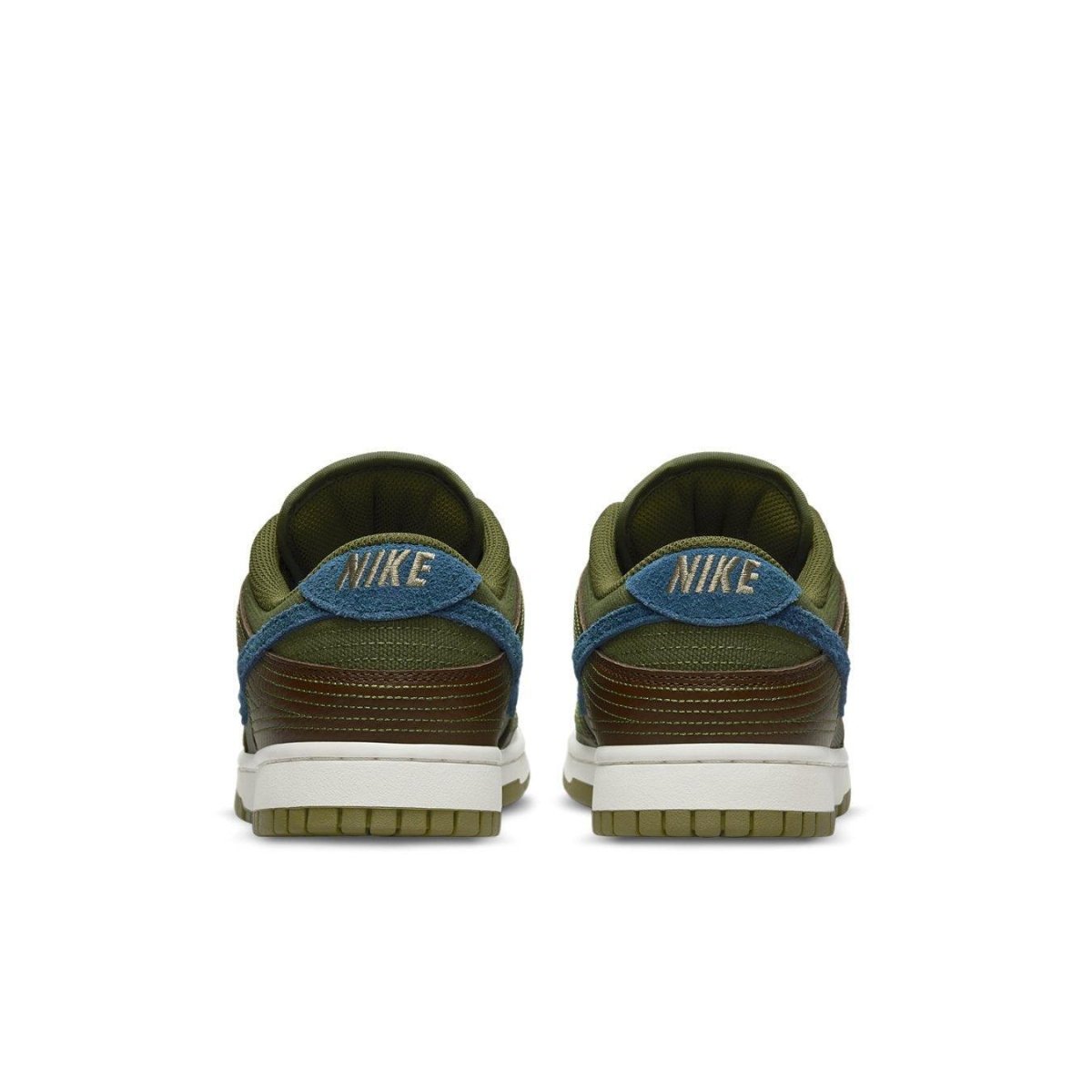Nike Dunk Low NH Cacao Wow sneakers in green and blue, featuring a sleek design and visible stitching on the back.