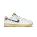 Nike Dunk Low Off-White Lot 1 sneaker featuring a silver Swoosh, numbered 01 of 50, with unique design elements by Virgil Abloh.