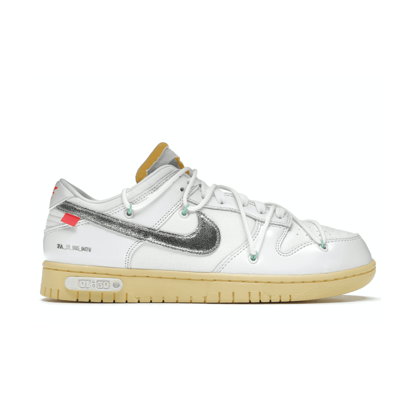 Nike Dunk Low Off-White Lot 1 sneaker featuring a silver Swoosh, numbered 01 of 50, with unique design elements by Virgil Abloh.