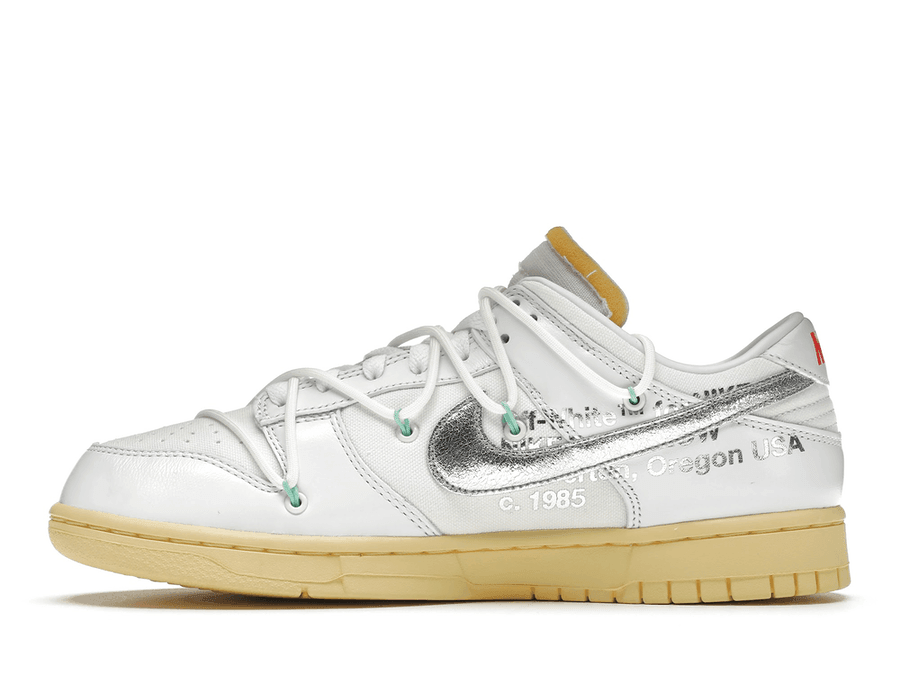 Nike Dunk Low Off-White Lot 1 featuring a white upper with reflective silver swoosh and unique design elements by Virgil Abloh.