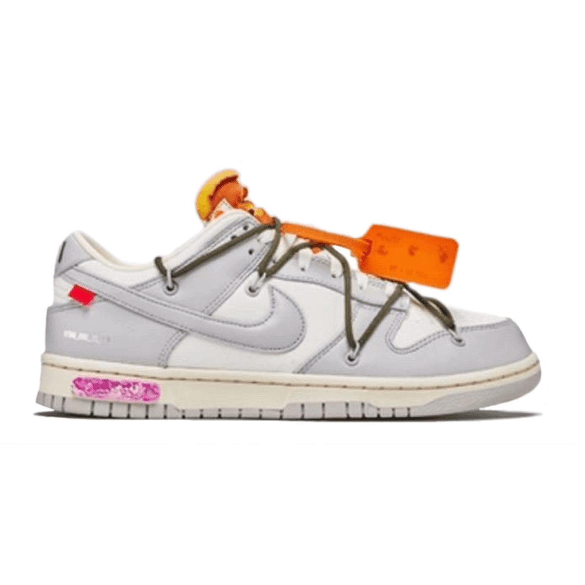 Nike Dunk Low Off-White Lot 22 in gray with unique Virgil Abloh features and colorful accents on a neutral background.