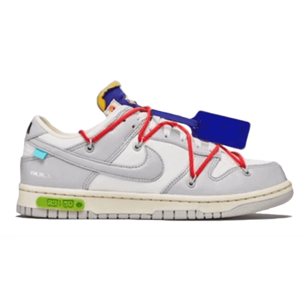 Nike Dunk Low Off-White Lot 23 featuring white and gray design, colorful laces, and Virgil Abloh elements.