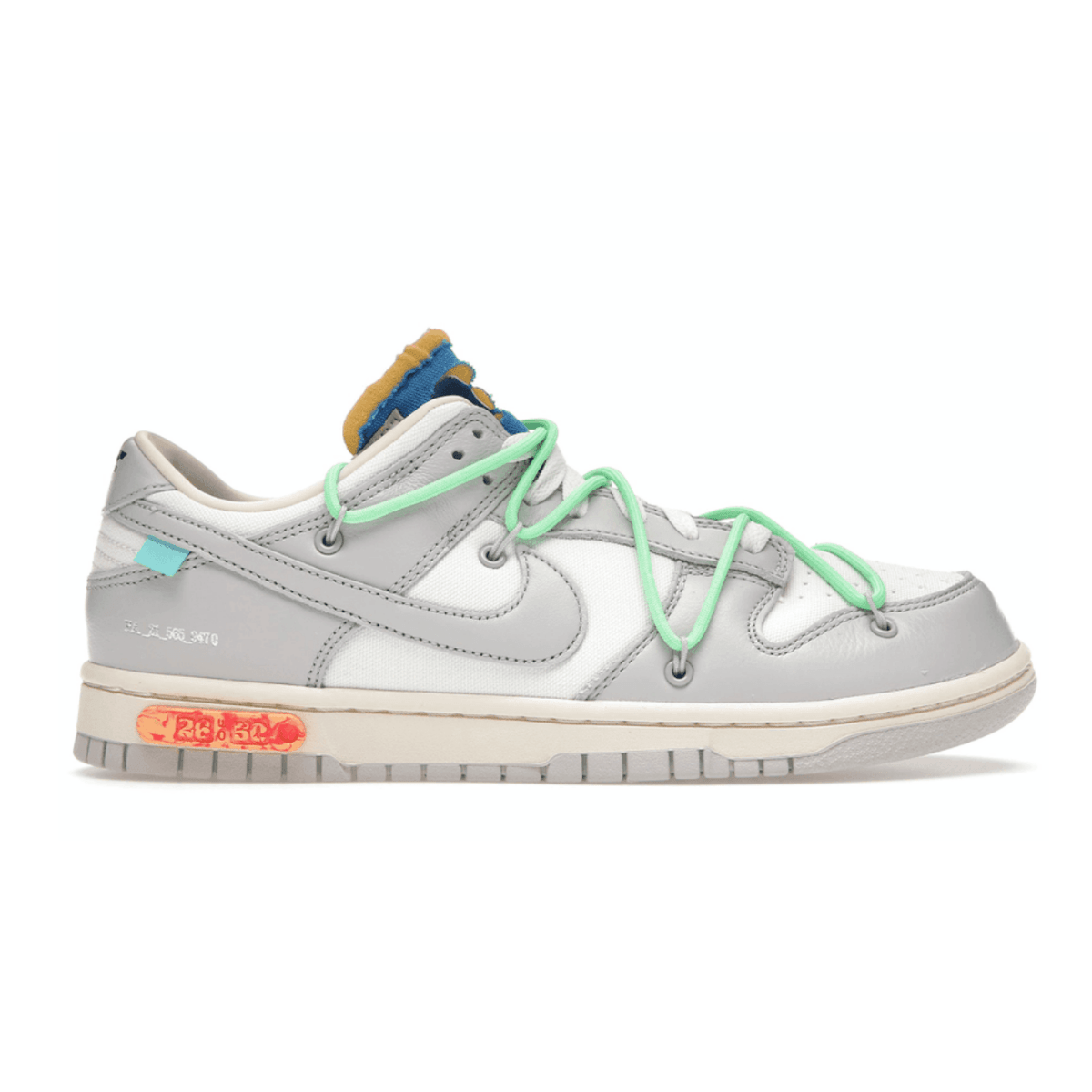 Nike Dunk Low Off-White Lot 26 sneaker in grey, featuring unique lacing, signature branding, and stylish design elements.
