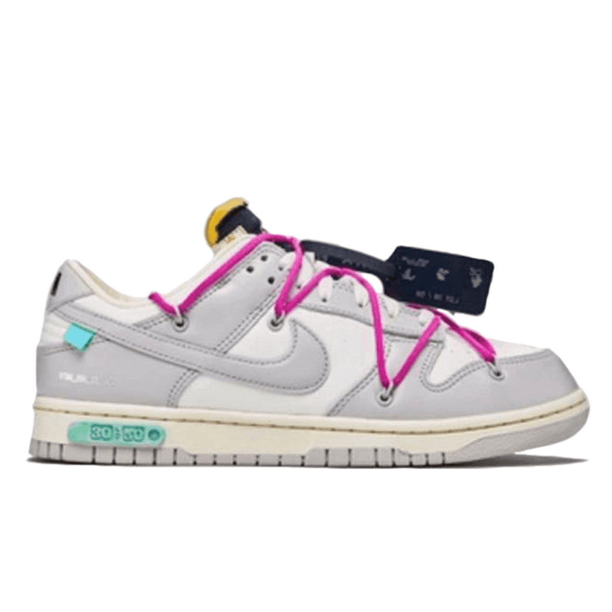 Nike Dunk Low Off-White Lot 30 in grey with vibrant pink laces and unique design elements by Virgil Abloh.