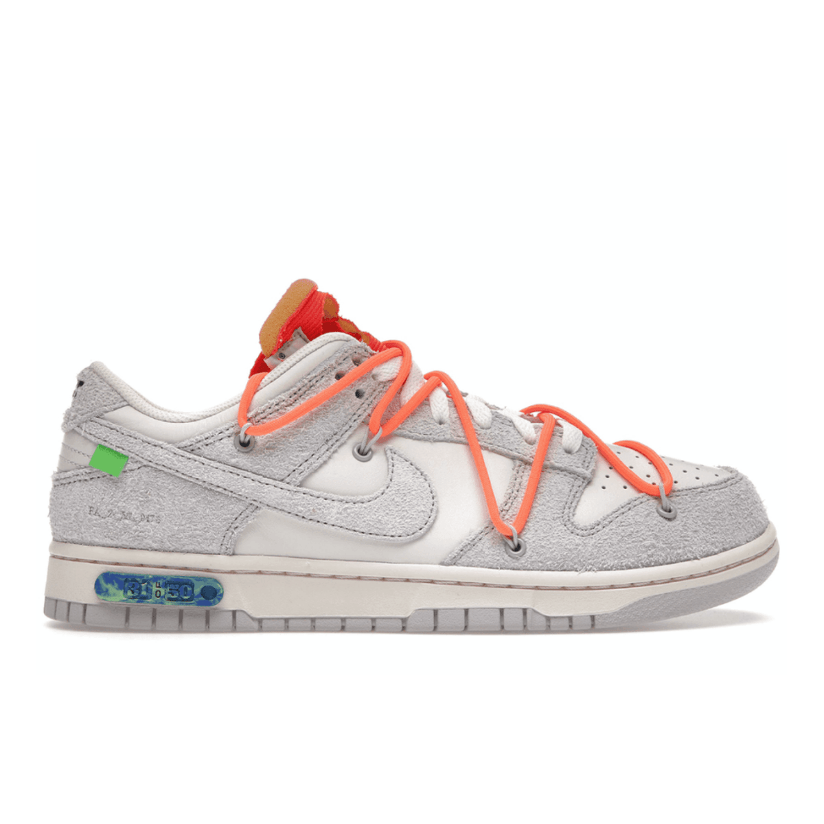 Nike Dunk Low Off-White Lot 31 in gray with vibrant orange laces and signature Virgil Abloh design features.