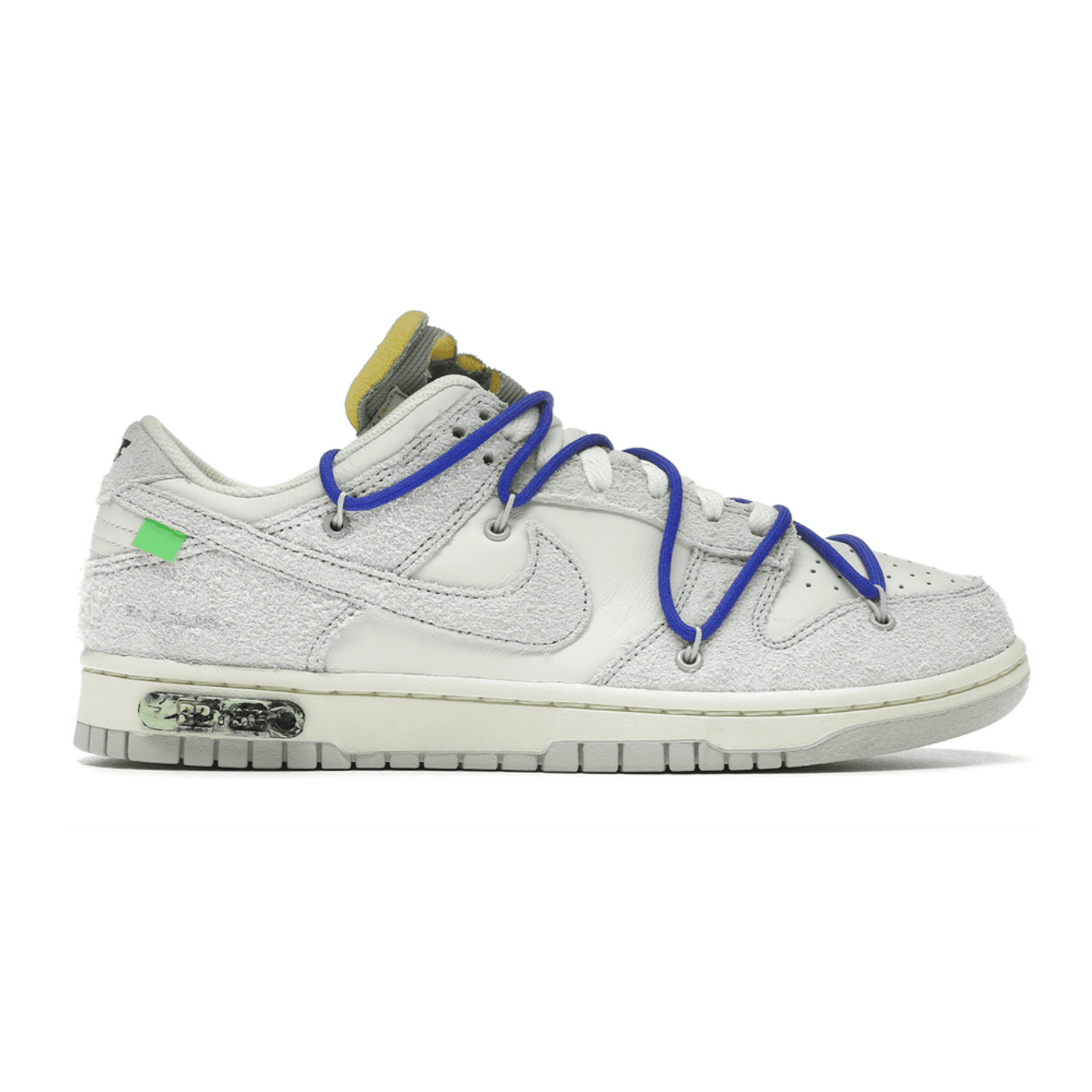 Nike Dunk Low Off-White Lot 32 sneaker featuring neutral tones and vibrant laces, showcasing Virgil Abloh's design elements.