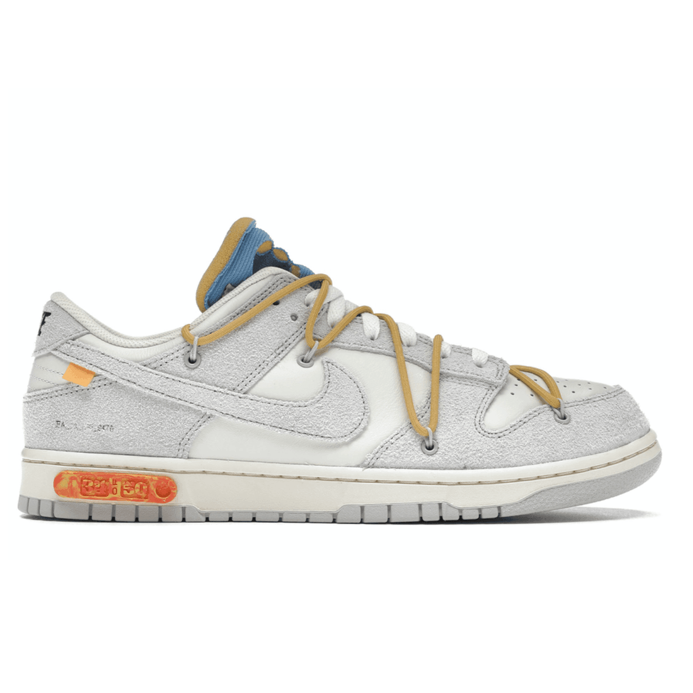 Nike Dunk Low Off-White Lot 34 in grey suede with yellow accents and signature Virgil Abloh details.