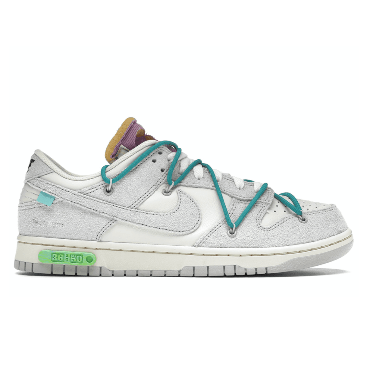 Nike Dunk Low Off-White Lot 36 featuring grey suede, teal laces, and numbered 36/50, designed by Virgil Abloh.