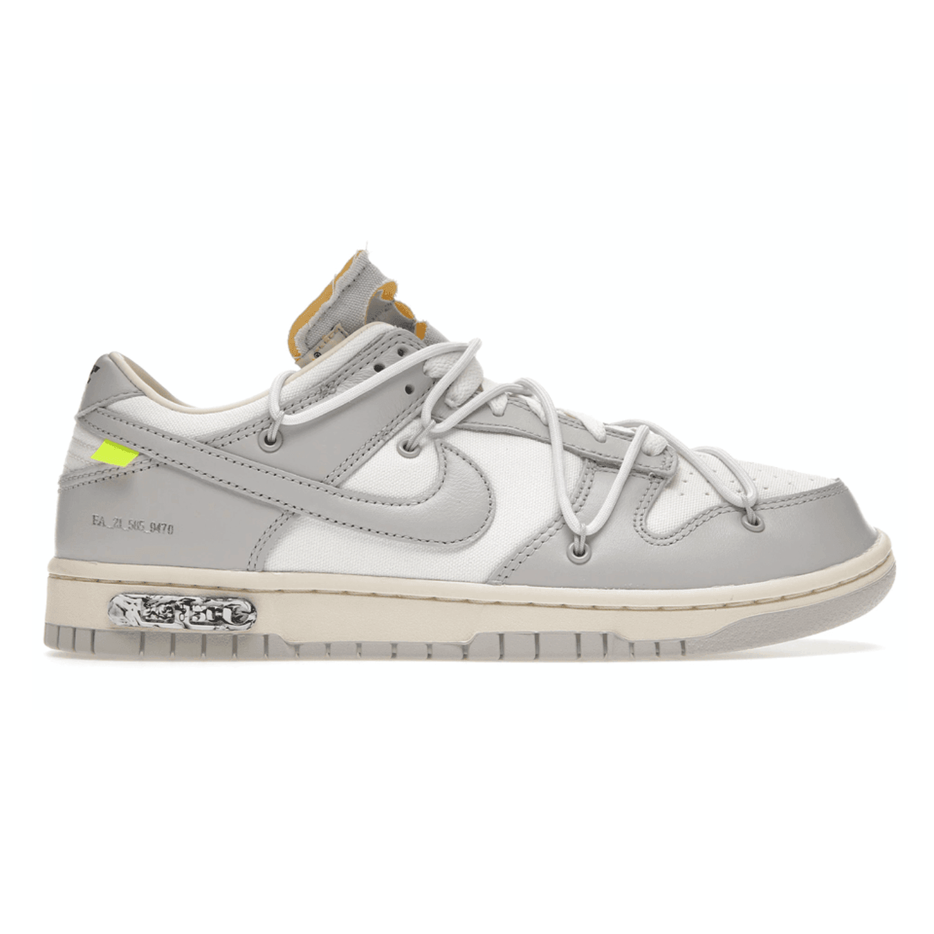 Nike Dunk Low Off-White Lot 49 sneaker in grey and white with unique design elements and signature details by Virgil Abloh.