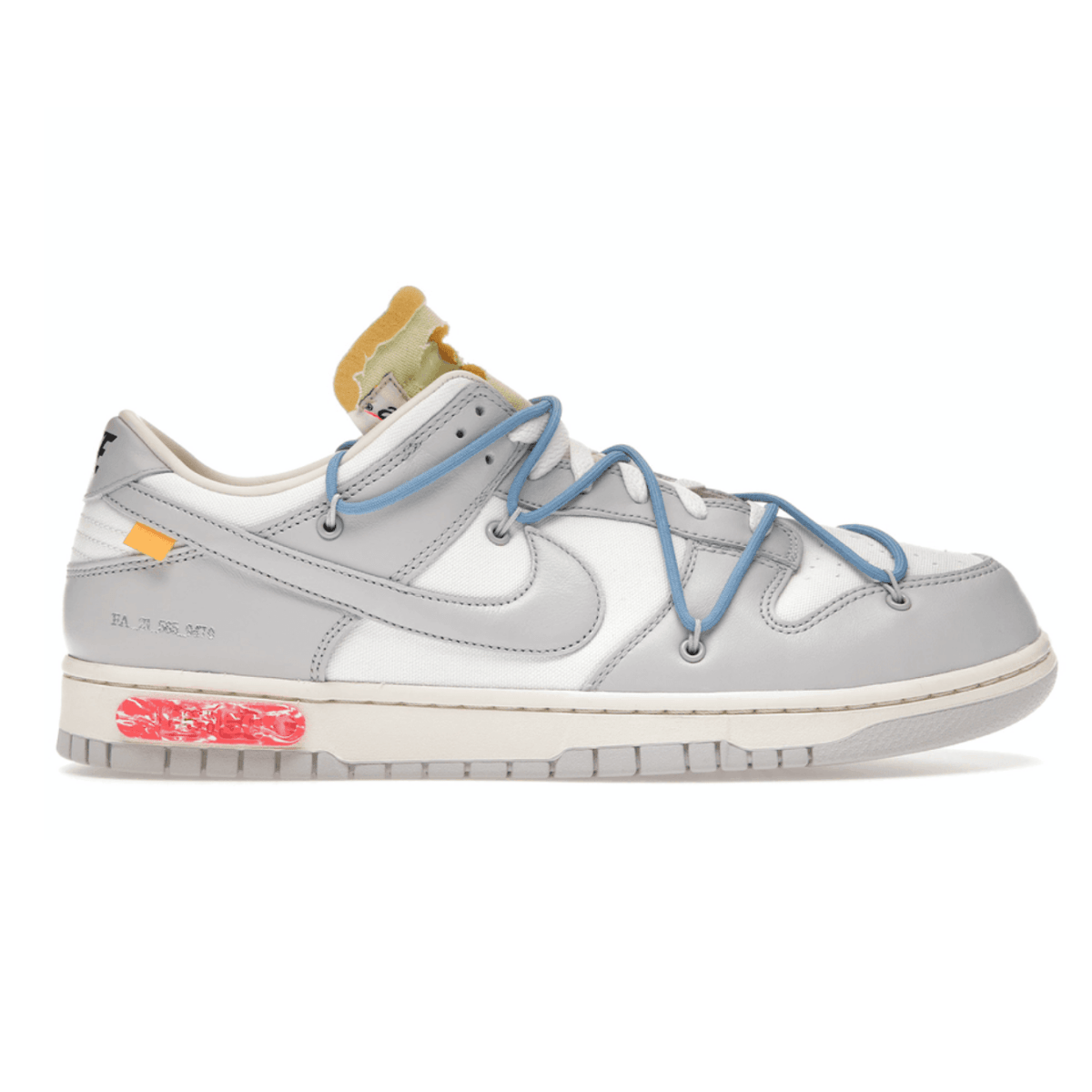 Nike Dunk Low Off-White Lot 5 featuring grey upper, blue laces, and unique numbered design elements by Virgil Abloh.