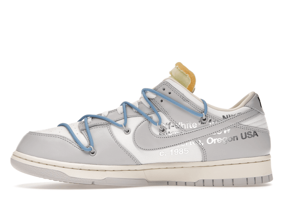 Nike Dunk Low Off-White Lot 5 in gray with blue accents, featuring signature Virgil Abloh design elements.