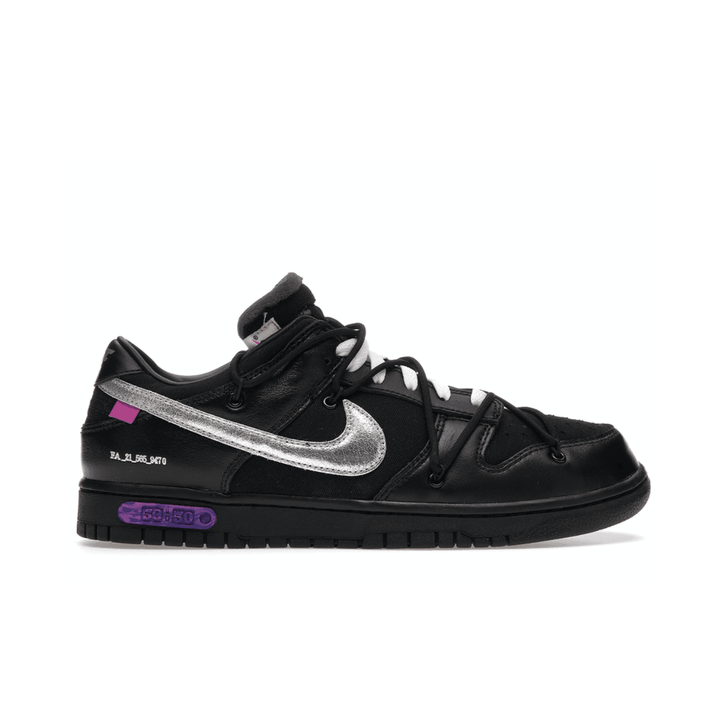 Nike Dunk Low Off-White Lot 50 in black with silver swoosh and purple accents, featuring unique design elements.