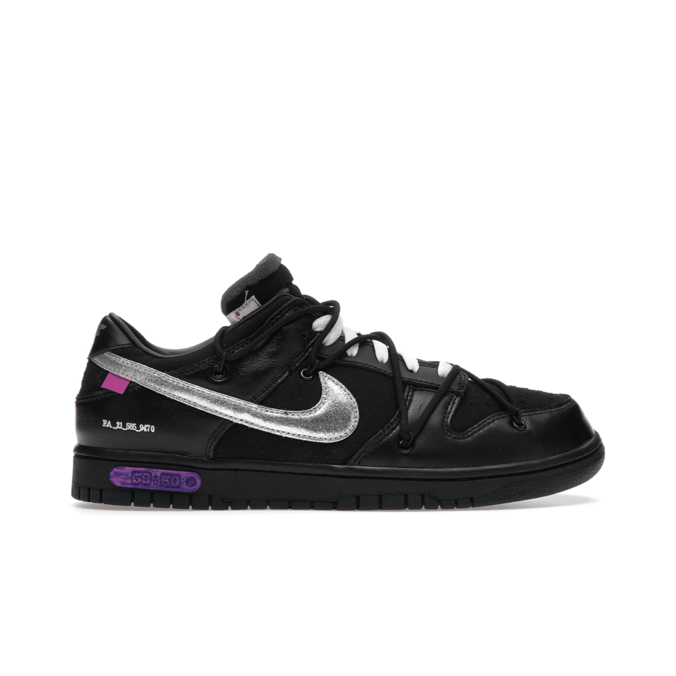 Nike Dunk Low Off-White Lot 50 in black with silver swoosh and purple accents, featuring unique design elements.