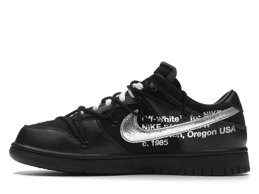 Nike Dunk Low Off-White Lot 50 black sneaker featuring a silver Swoosh and unique labeling by Virgil Abloh.