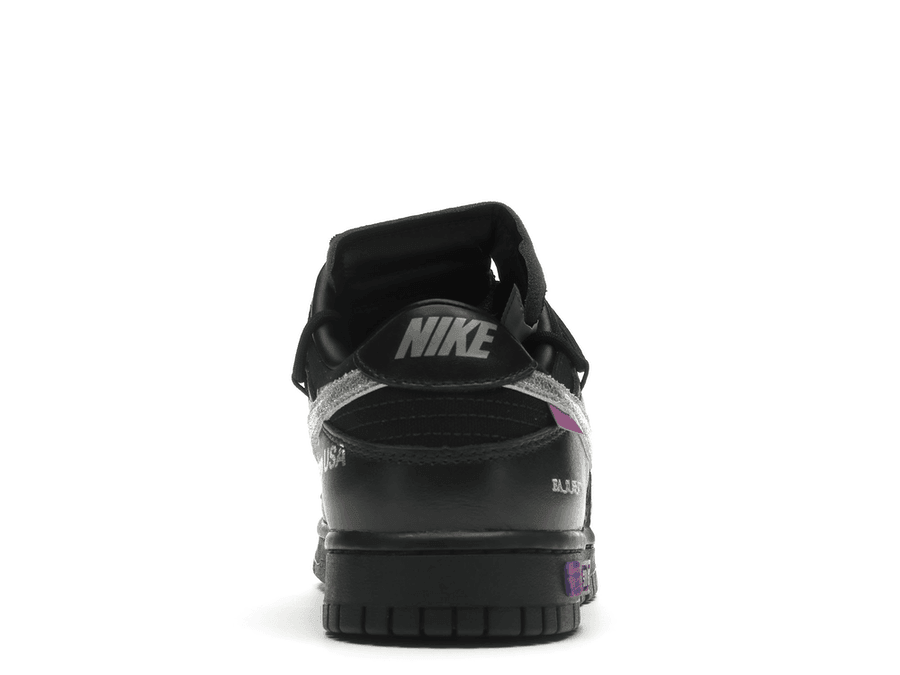 Nike Dunk Low Off-White Lot 50 black sneaker back view with distinctive design elements.