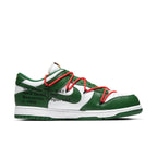 Nike Dunk Low Off-White Pine Green sneaker featuring bold green and white design with distinctive red laces and branding.
