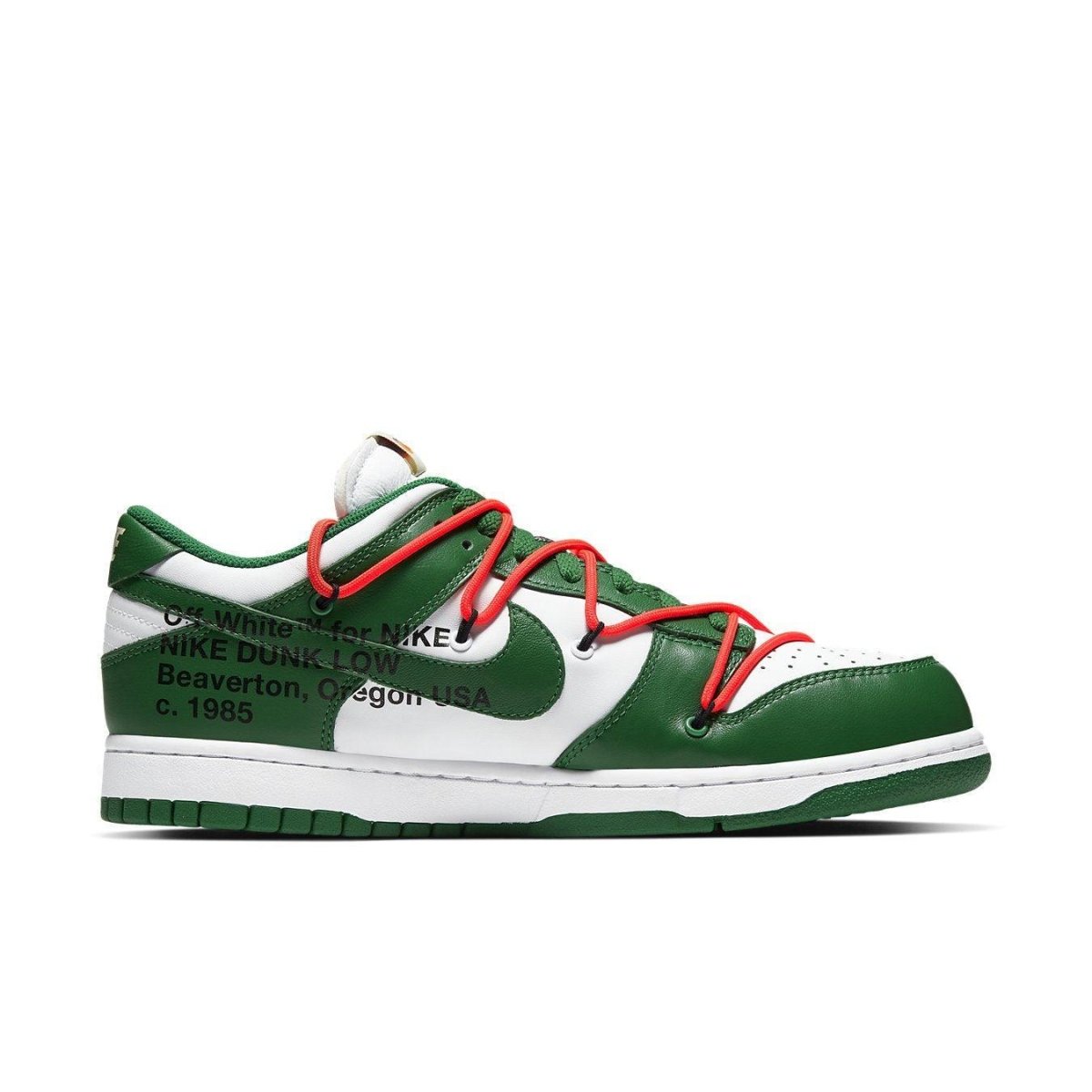 Nike Dunk Low Off-White Pine Green sneaker featuring bold green and white design with distinctive red laces and branding.