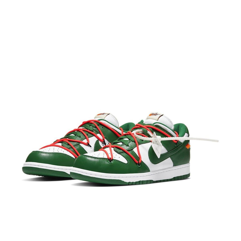 Nike Dunk Low Off-White Pine Green sneakers featuring bold green and red accents with unique lacing.