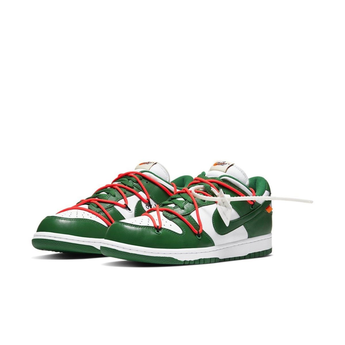 Nike Dunk Low Off-White Pine Green sneakers featuring bold green and red accents with unique lacing.