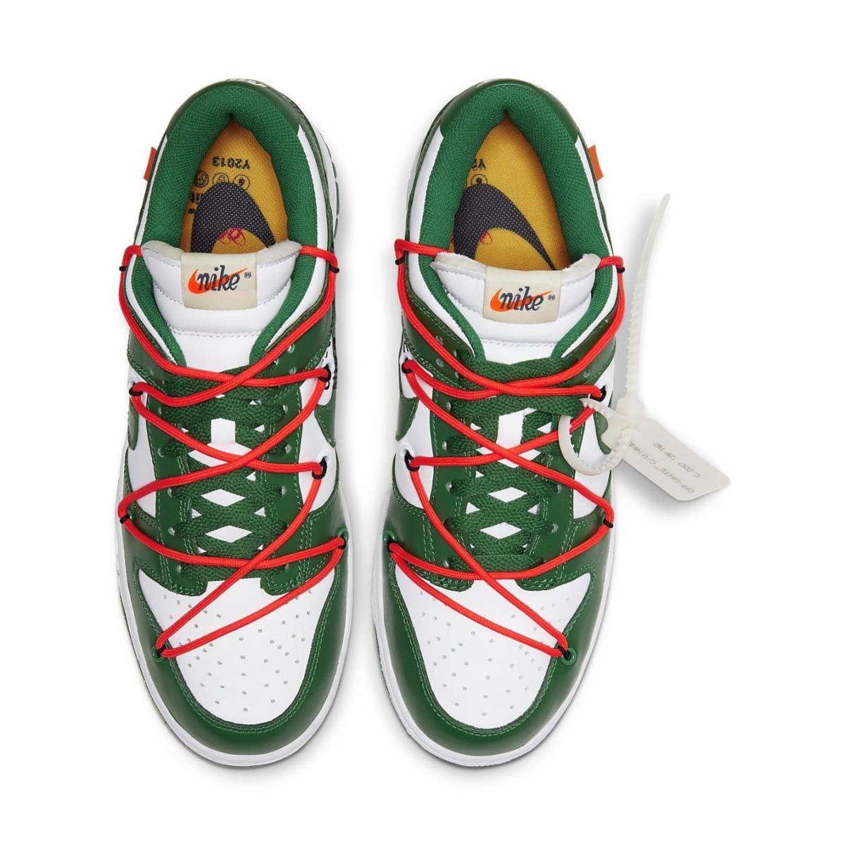 Nike Dunk Low Off-White Pine Green sneakers with red laces and white-green colorway, designed by Virgil Abloh.