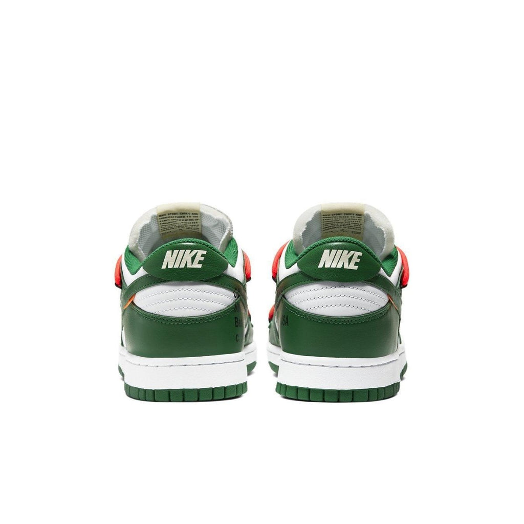 Nike Dunk Low Off-White Pine Green sneaker back view showcasing unique design and colors.