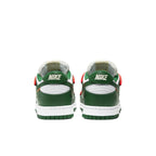 Nike Dunk Low Off-White Pine Green sneaker back view showcasing unique design and colors.