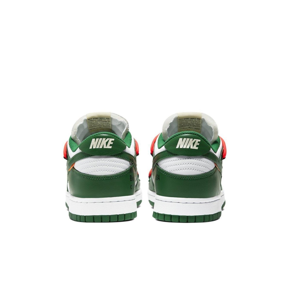 Nike Dunk Low Off-White Pine Green sneaker back view showcasing unique design and colors.