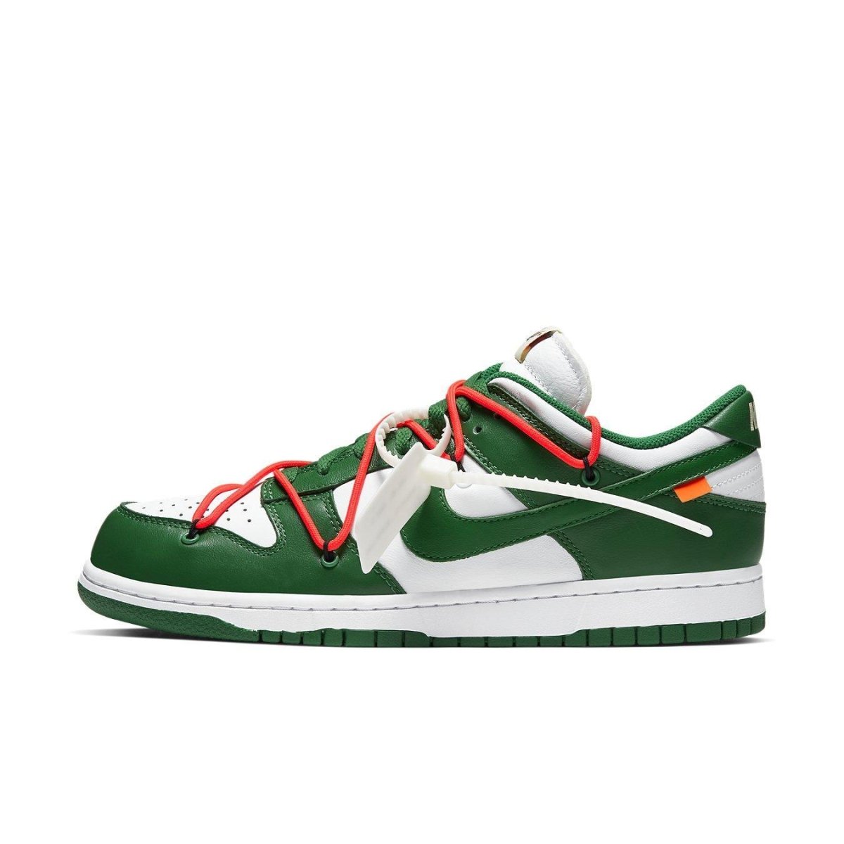 Nike Dunk Low Off-White Pine Green sneaker featuring unique lacing and foam tongue design.