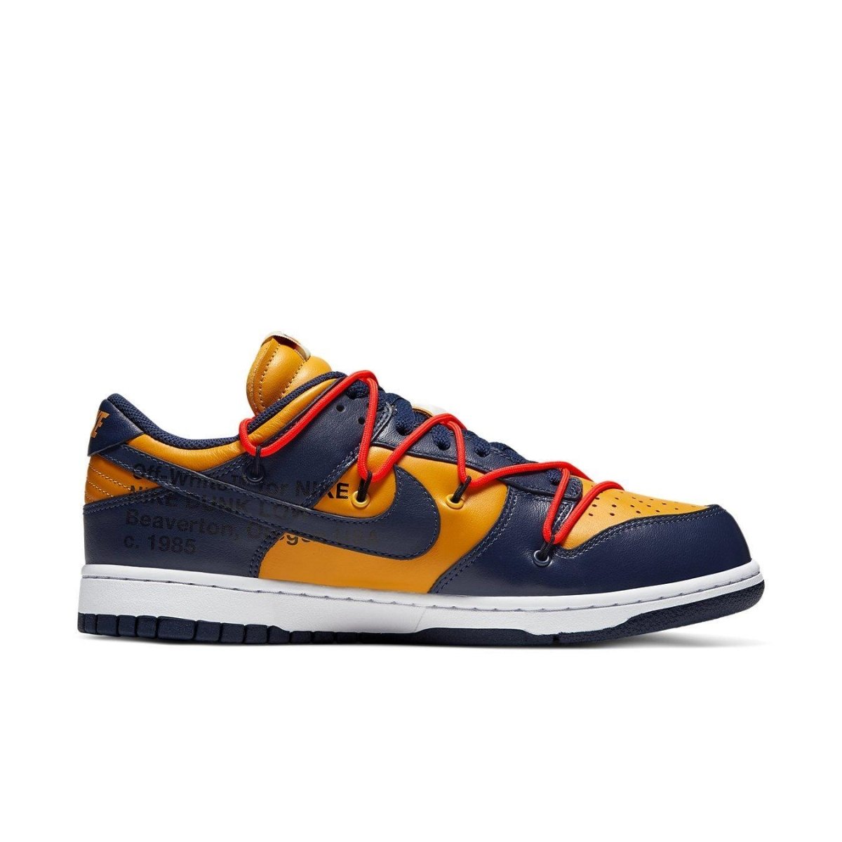 Nike Dunk Low Off-White in University Gold and Midnight Navy, featuring foam tongue and waffle sole.