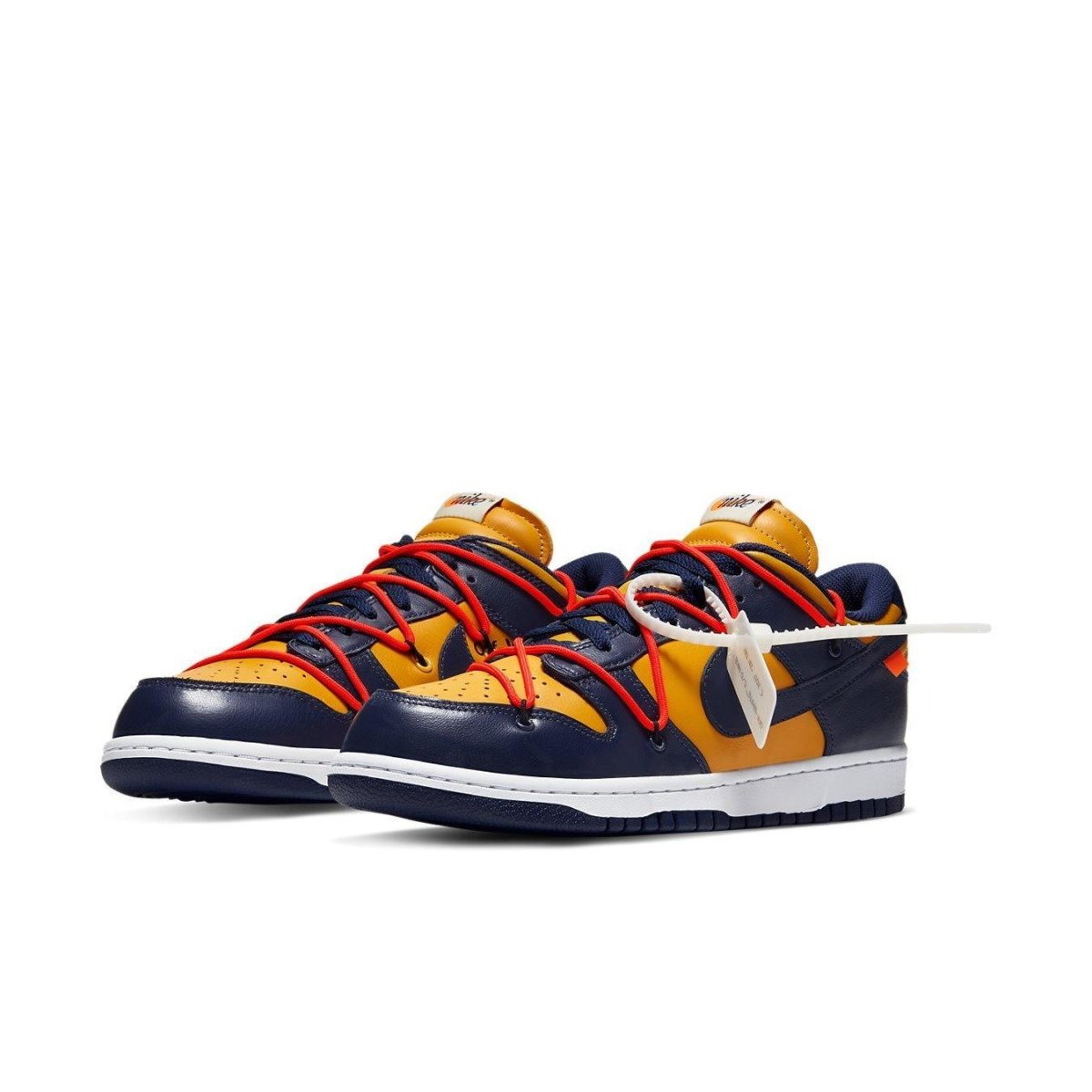 Nike Dunk Low Off-White in University Gold and Midnight Navy with foam tongue and waffle sole design.