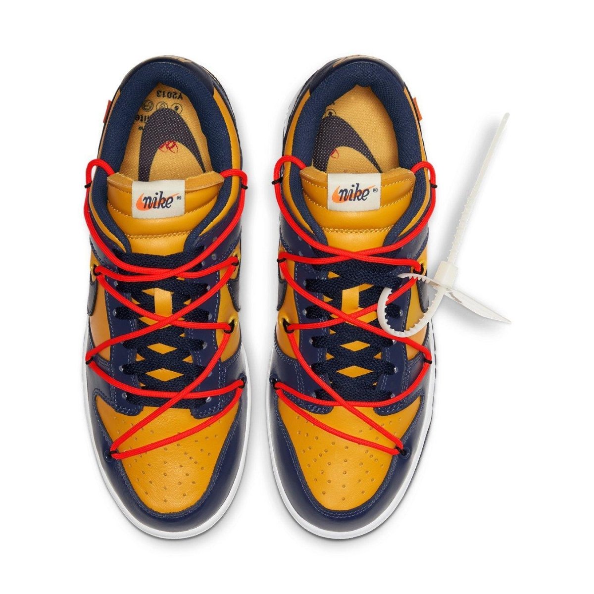 Nike Dunk Low Off-White University Gold Midnight Navy with foam tongue and waffle sole, red laces detail.
