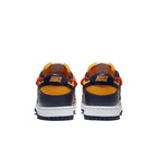 Nike Dunk Low Off-White University Gold Midnight Navy sneakers rear view with waffle sole and foam tongue design.