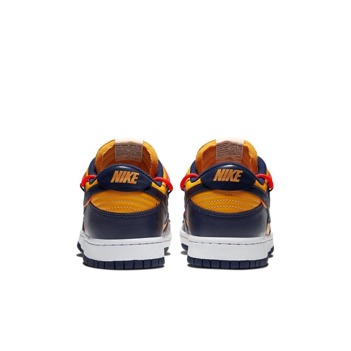 Nike Dunk Low Off-White University Gold Midnight Navy sneakers rear view with waffle sole and foam tongue design.