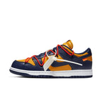 Nike Dunk Low Off-White in University Gold and Midnight Navy, featuring foam tongue and waffle outsole.