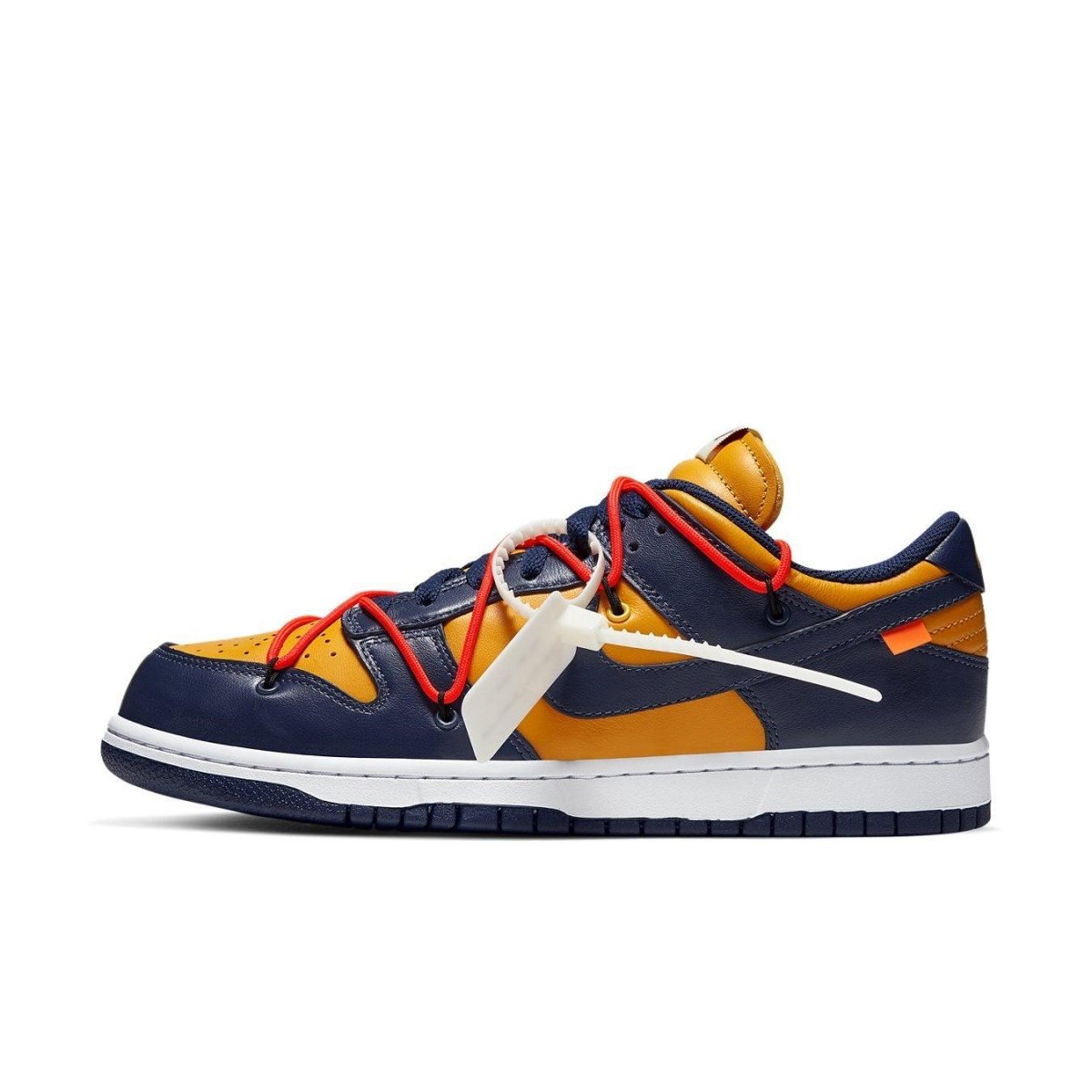 Nike Dunk Low Off-White in University Gold and Midnight Navy, featuring foam tongue and waffle outsole.