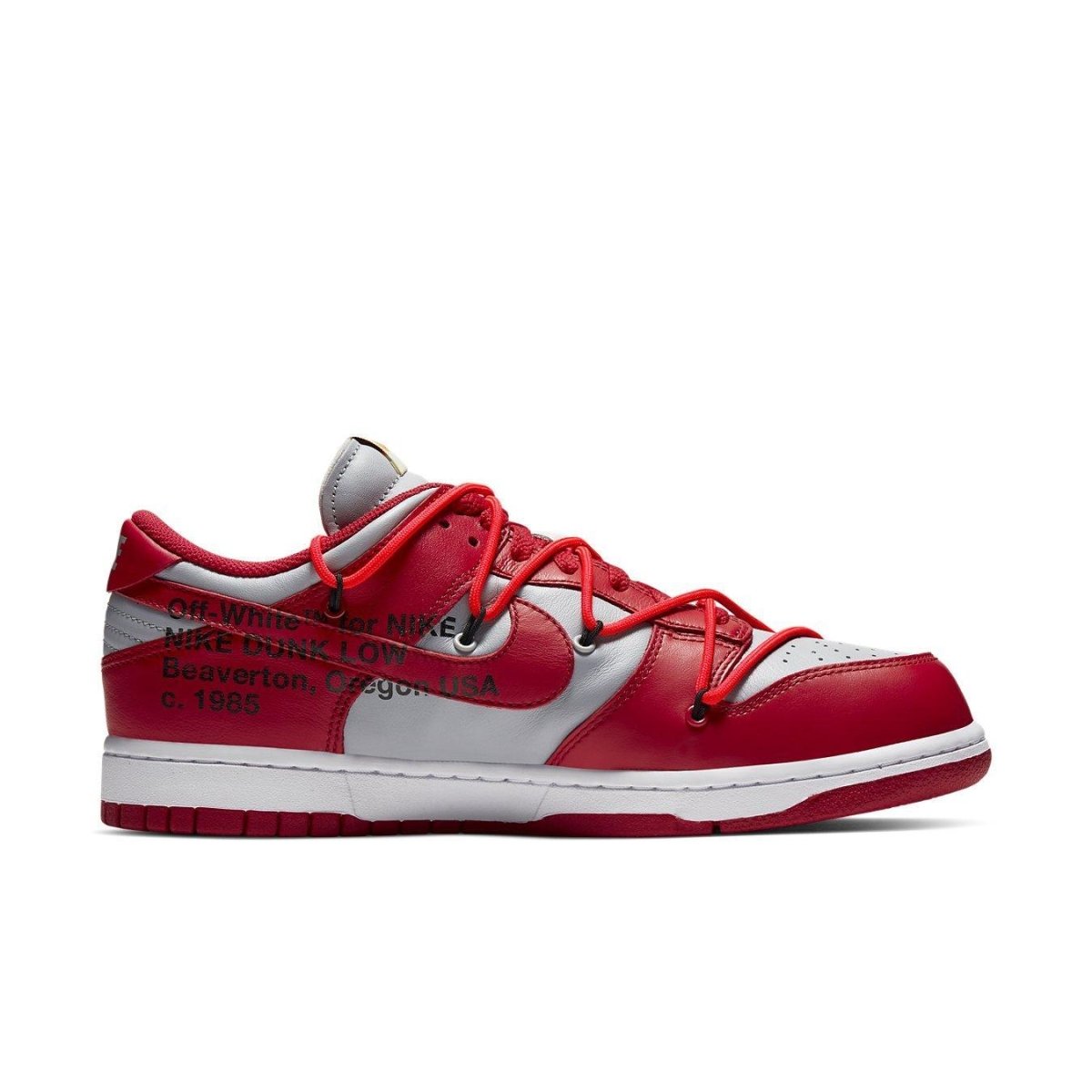 Nike Dunk Low Off-White University Red sneaker showcasing a retro design, waffle tongue, and vibrant red accents.