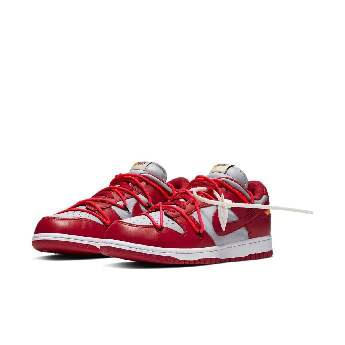 Nike Dunk Low Off-White in University Red, featuring a classic design with waffle tongue and visible foam elements.